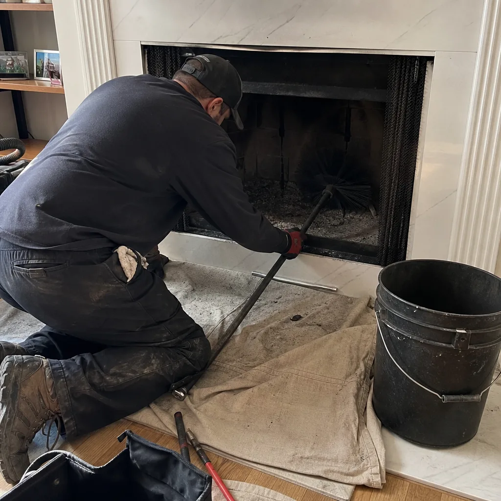 Professional chimney sweep cleaning soot from a home fireplace with specialized brushes
