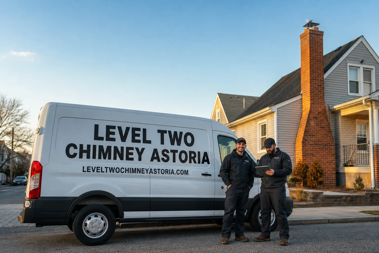 Level Two Chimney Astoria chimney cleaning service vehicle and crew in Astoria, NY